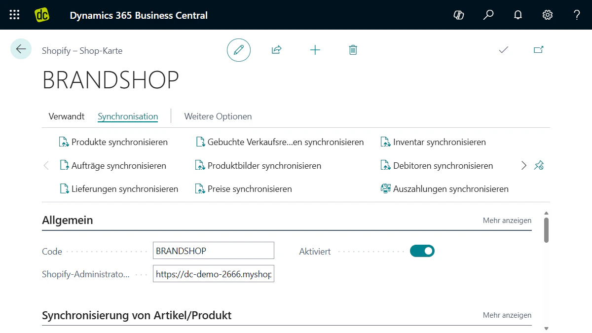 Benutzeroberfläche der Microsoft Dynamics 365 Business Central Integration für Shopify-Shops.
