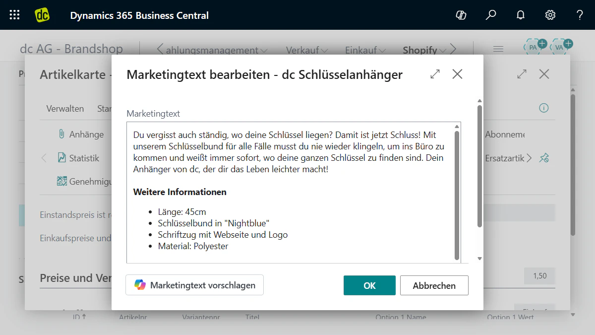 Bearbeitung eines Marketingtextes für einen Schlüsselanhänger in Microsoft Dynamics 365 Business Central.