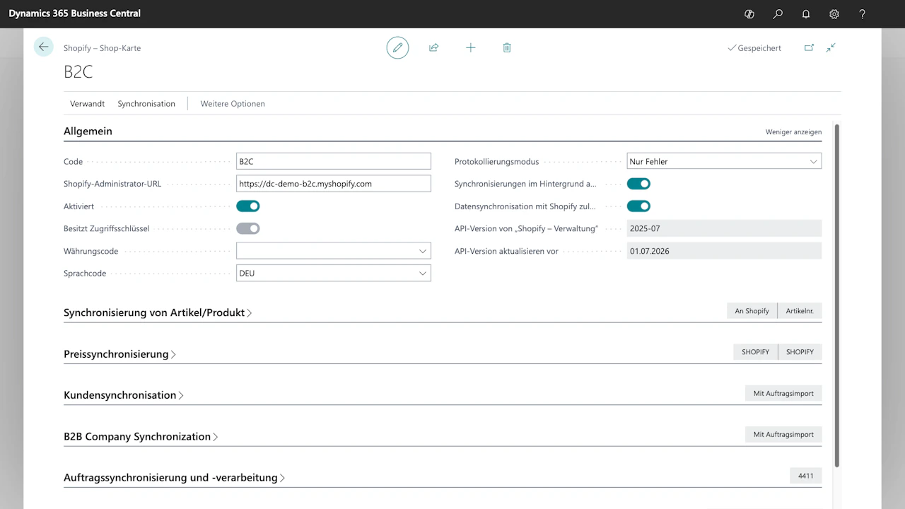 Shopify-Connector in Microsoft Dynamics 365 Business Central zur Synchronisation von Shop-Daten.