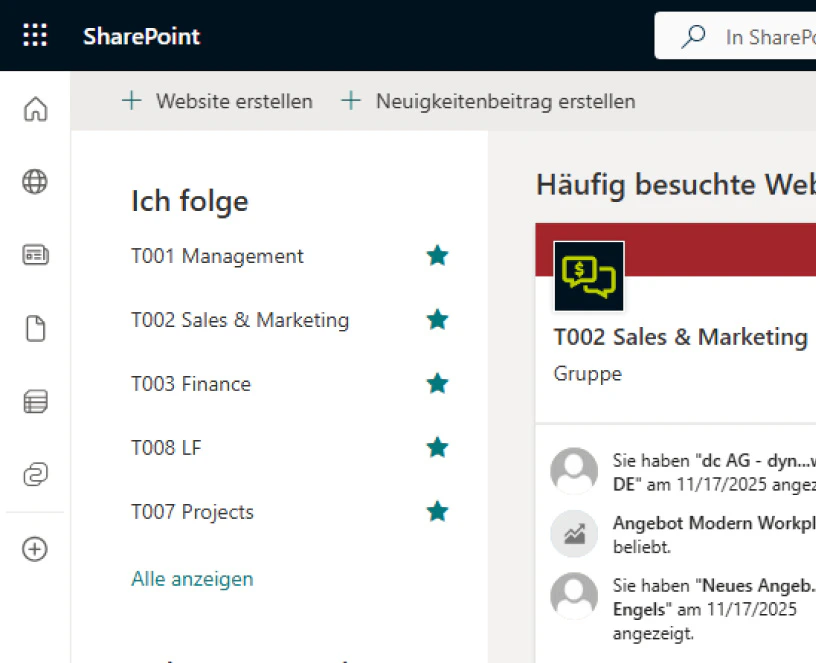 Microsoft SharePoint Dashboard mit einer Liste gefolgter Websites wie Management und Sales & Marketing.