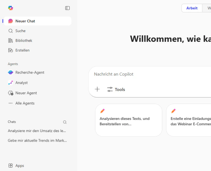 Benutzeroberfläche von Microsoft Copilot mit der Option Neuer Chat und Eingabefeld Nachricht an Copilot.