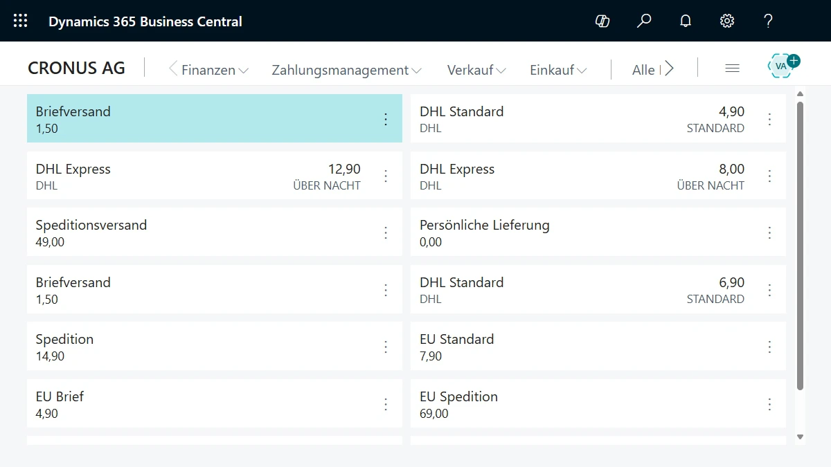 Screenshot der dynamic commerce Versandoptionen im Business Central