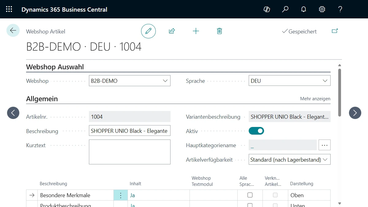 Screenshot der dynamic commerce Webshopartikel im Business Central