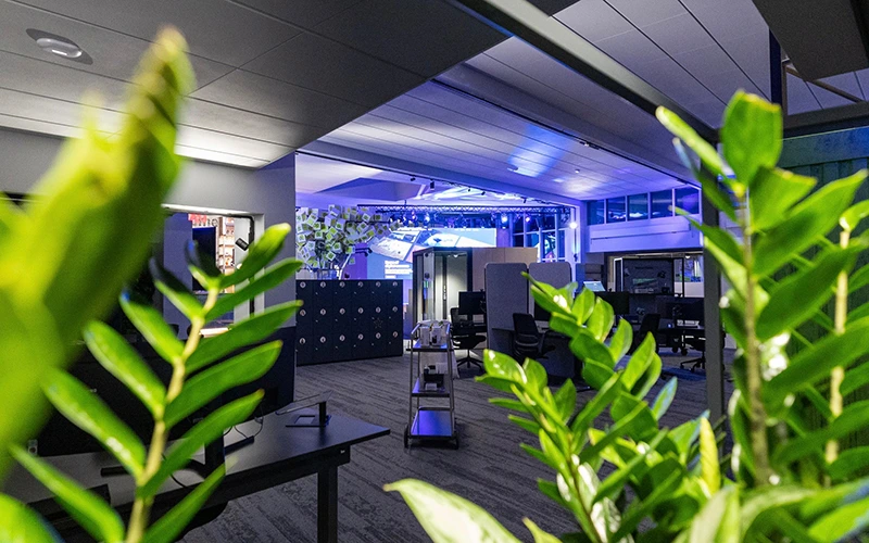 Modernes Büro mit Pflanzen im Vordergrund und blauem Ambientelicht im Hintergrund