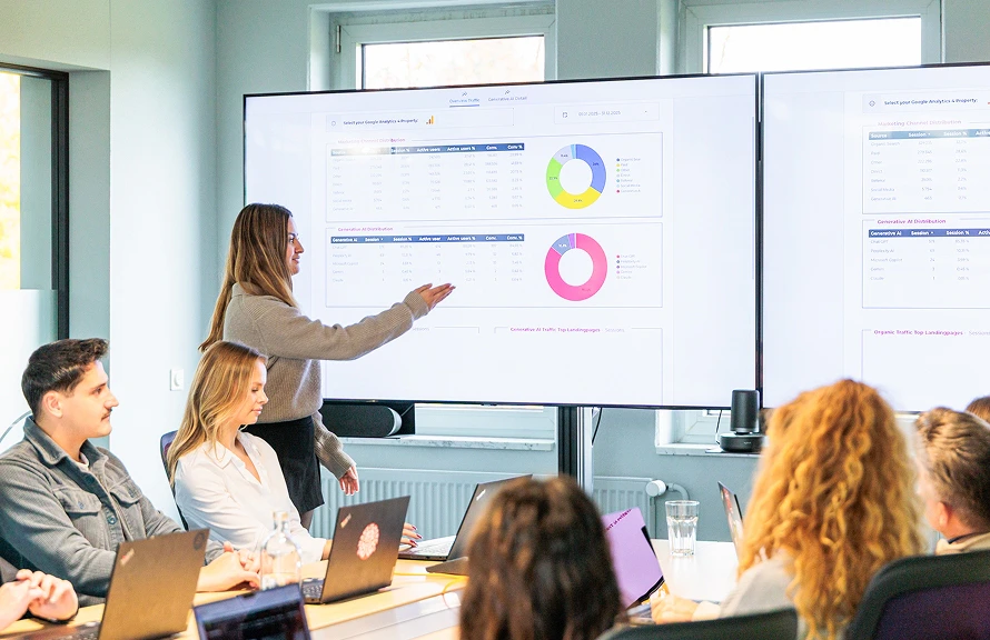 Frau zeigt auf Google Analytics Dashboard auf großem Bildschirm vor Gruppe von Kollegen im Besprechungsraum