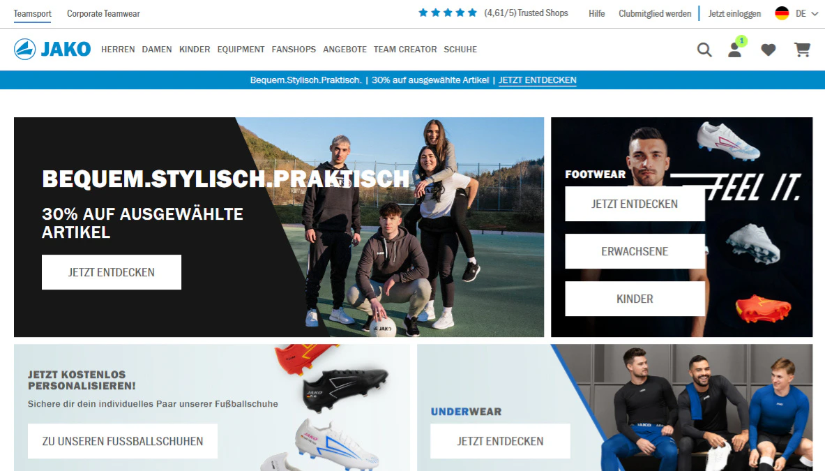 Screenshot der Startseite des JAKO Onlineshops