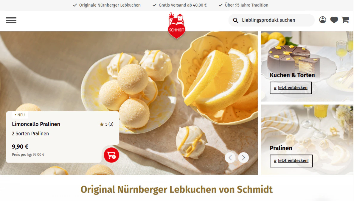 Screenshot der Startseite des Lebkuchen Schmidt Onlineshops