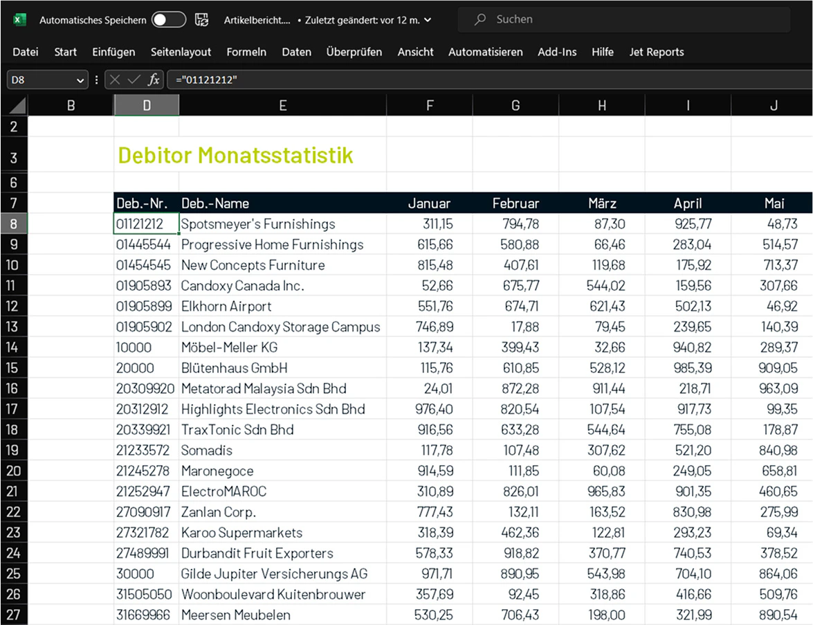 Microsoft Excel Benutzeroberfläche mit einer Debitor Monatsstatistik und Jet Reports Einbindung.