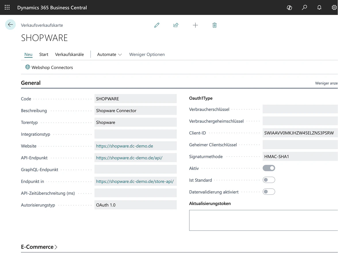 Benutzeroberfläche von Microsoft Dynamics 365 Business Central mit der Konfiguration eines Shopware-Connectors.