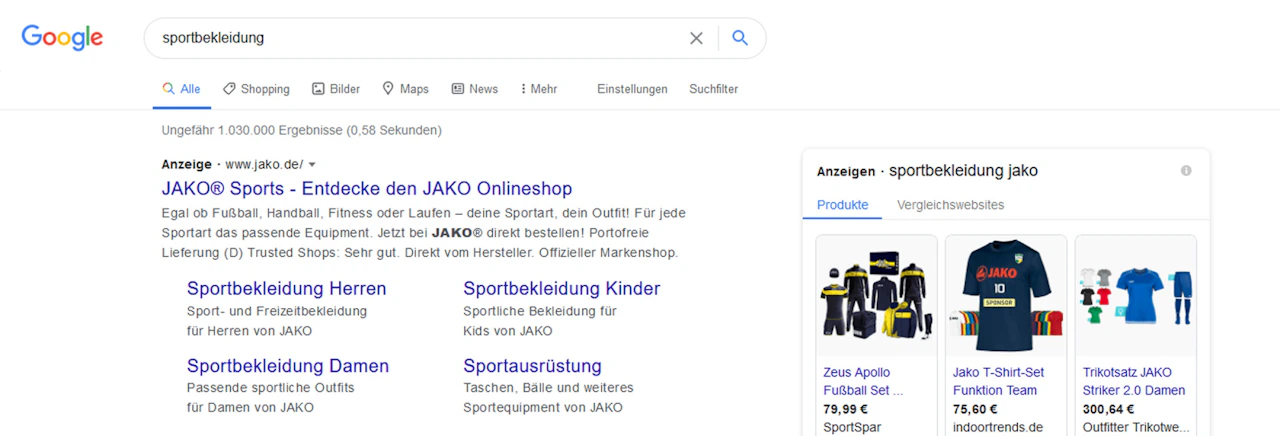 Google Suchergebnisseite mit SEA Anzeigen und Google Shopping Produkten für Sportbekleidung der Marke JAKO.