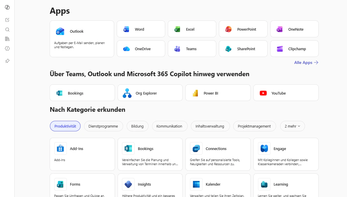 Übersicht der verfügbaren Microsoft 365 Apps wie Outlook, Word und Teams in einem Dashboard.