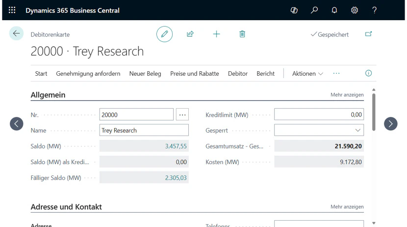 Dynamics 365 Business Central Debitorenkarte für Trey Research mit Saldo 3.457,55 und Gesamtumsatz 21.590,20