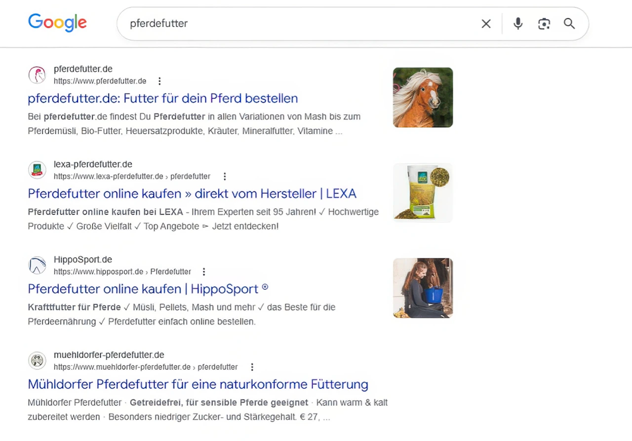 Google-Suchergebnisse für das Keyword Pferdefutter mit verschiedenen Webseiten-Einträgen.