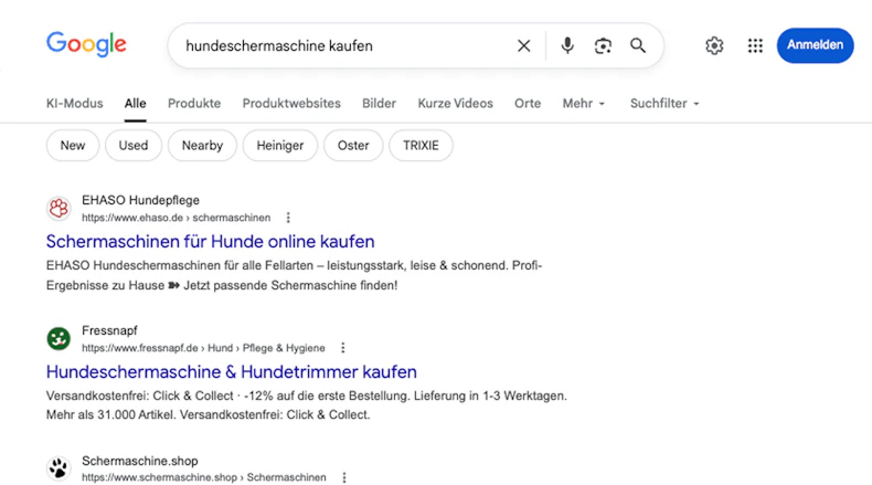 Google-Suchergebnisse für hundeschermaschine kaufen mit organischen Treffern von EHASO, Fressnapf und Schermaschine.shop