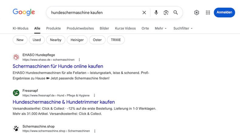 Google-Suchergebnisse für hundeschermaschine kaufen mit organischen Treffern von EHASO, Fressnapf und Schermaschine.shop