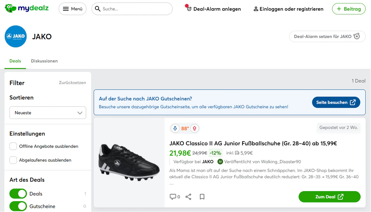Screenshot der mydealz-Website mit einem Angebot für JAKO Junior Fußballschuhe.