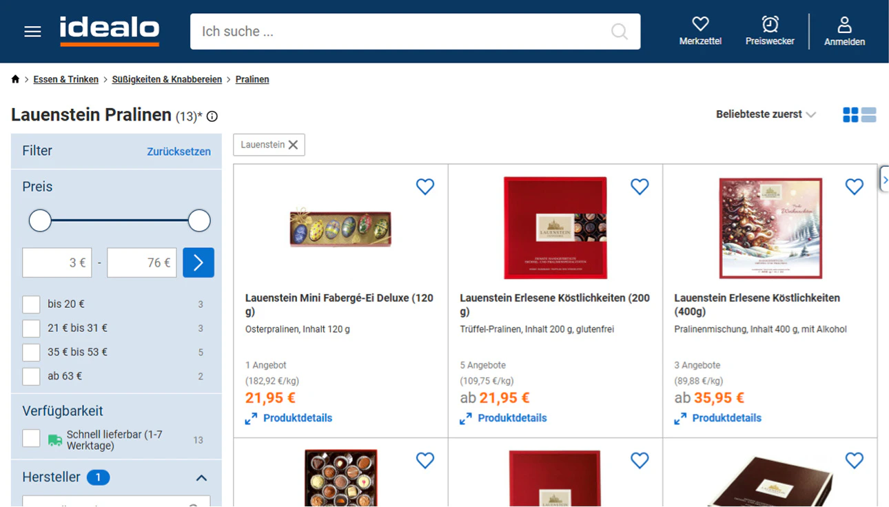 Preisvergleich für Lauenstein Pralinen auf der Website von Idealo.