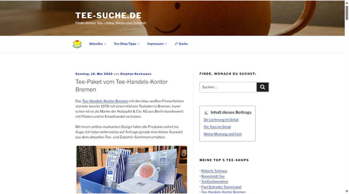 Screenshot eines Blog-Artikels über das Tee-Handels-Kontor Bremen auf tee-suche.de.