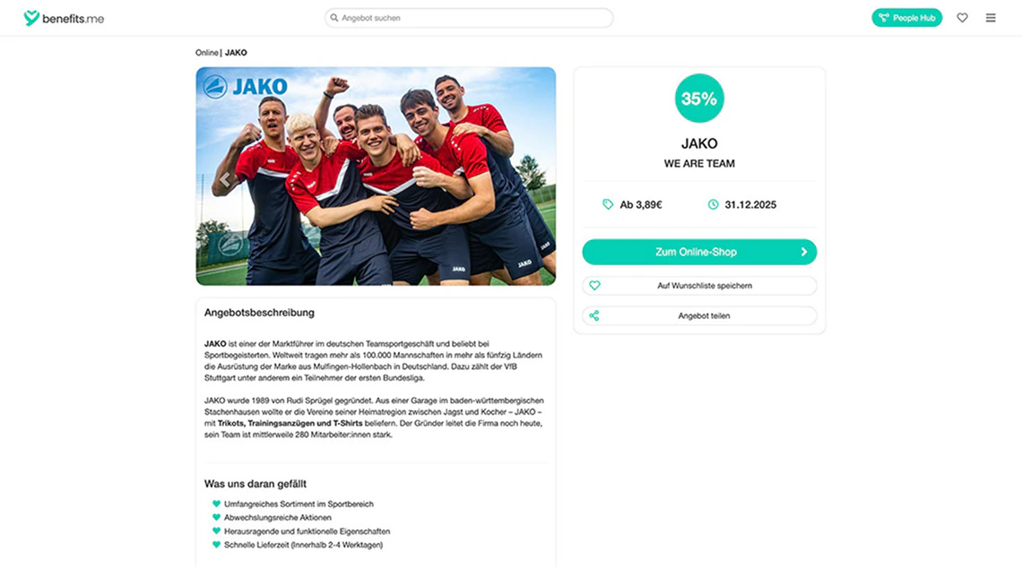 Screenshot des Benefits.me Portals mit einem Rabattangebot für Sportbekleidung von JAKO.