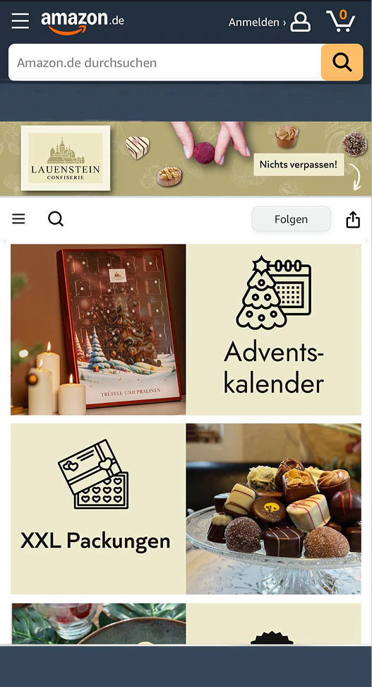 Screenshot des Amazon-Shops der Lauenstein Confiserie mit Pralinen und Adventskalender.