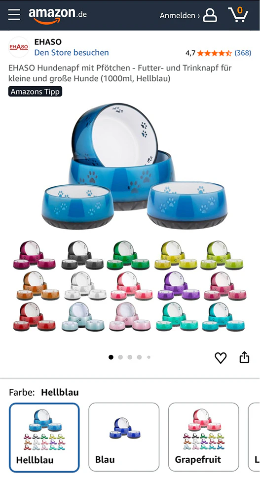 Screenshot einer Amazon-Produktseite für EHASO Hundenäpfe in verschiedenen Farben und Größen.