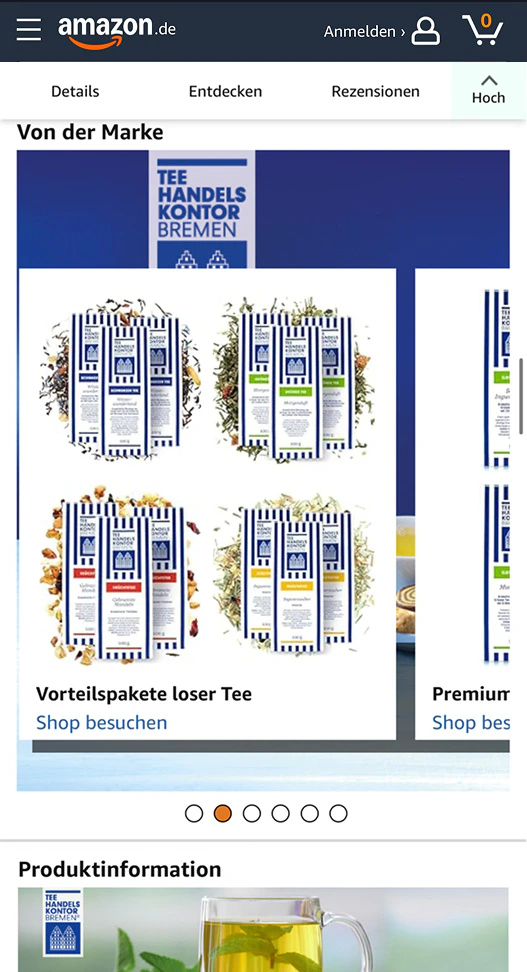 Amazon Storefront von Tee-Handels-Kontor Bremen mit verschiedenen Vorteilsangeboten für losen Tee.