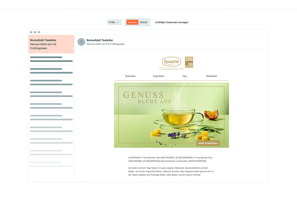 Newsletter-Vorschau des Ronnefeldt Tealetters in der Desktop-Ansicht einer E-Mail-Marketing-Software.