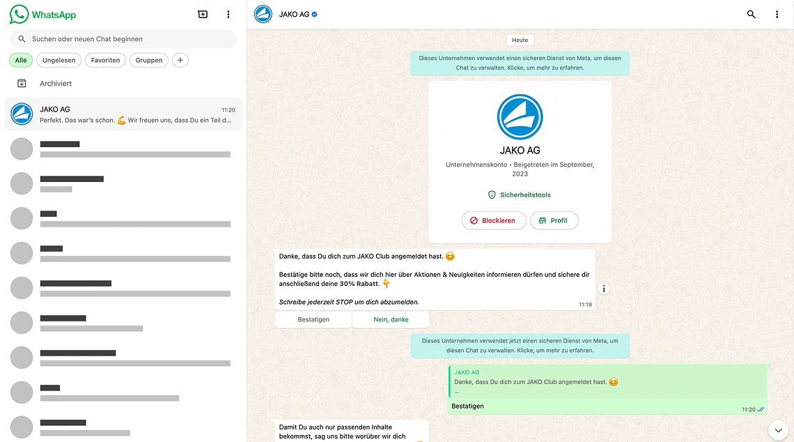 WhatsApp-Chatverlauf mit der JAKO AG zur Anmeldung für den JAKO Club über das Smartphone.