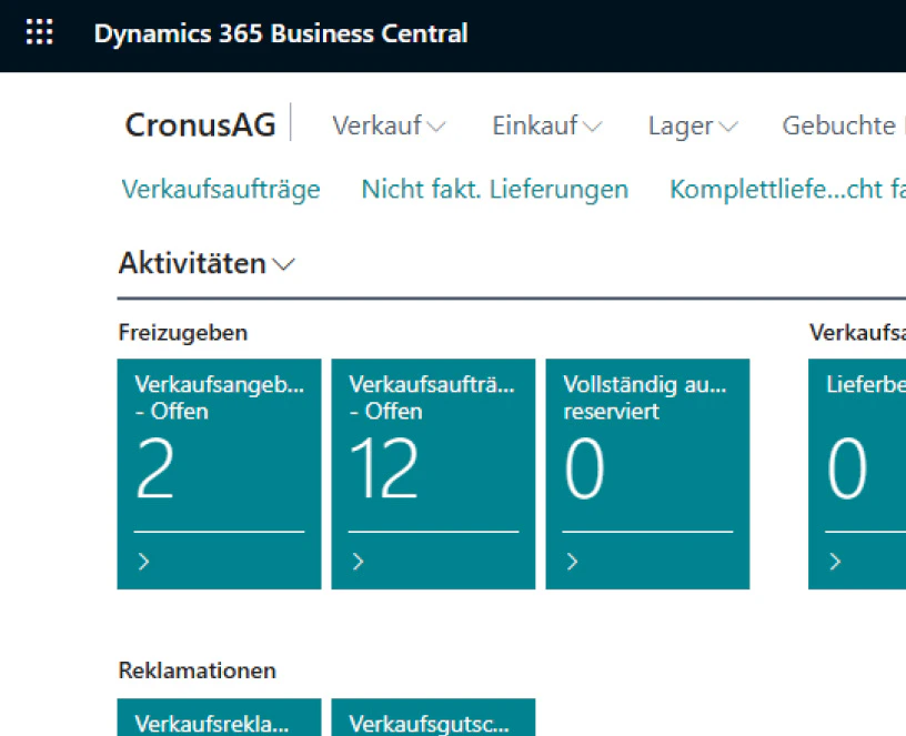 Dashboard der ERP-Software Microsoft Dynamics 365 Business Central mit Verkaufsaktivitäten der Cronus AG.