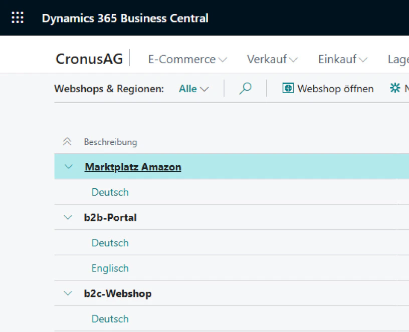 Dynamics 365 Business Central Interface mit Marktplatz Amazon, b2b-Portal und b2c-Webshop von CronusAG.