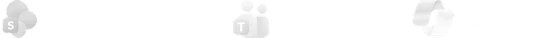 Weiße Microsoft Logos von Sharepoint, Teams und Copilot mit entsprechendem Text.