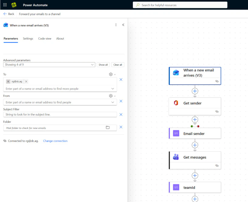 Microsoft Power Automate Workflow mit Schritten wie \\\"When a new email arrives\\\" und \\\"Get sender\\\".