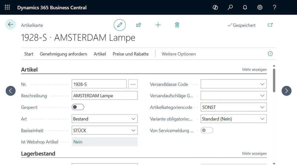 Artikelkarte in Microsoft Dynamics 365 Business Central für das Produkt AMSTERDAM Lampe.