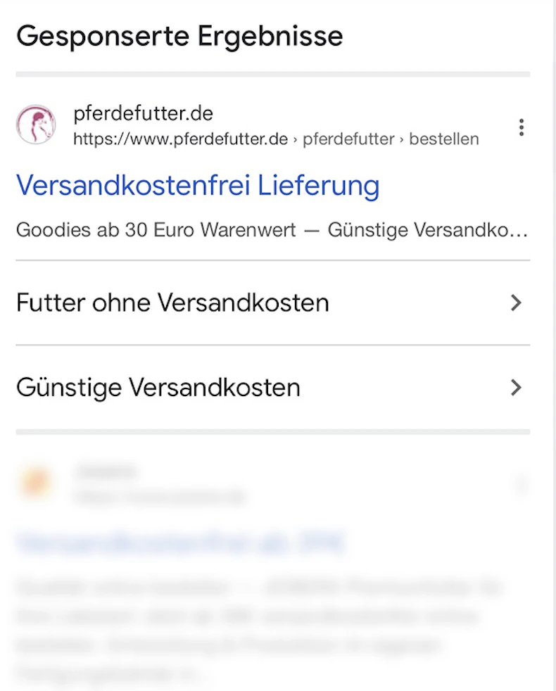 Mobiles Google-Suchergebnis mit gesponserten Textanzeigen von pferdefutter.de