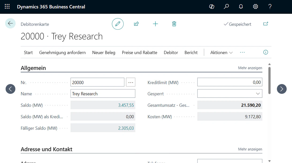 Debitorenkarte von Trey Research in Microsoft Dynamics 365 Business Central mit Kontodaten und Salden.