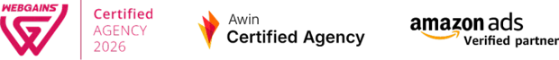 Logos von Webgains 2026, Awin Certified Agency und Amazon auf schwarzem Hintergrund.
