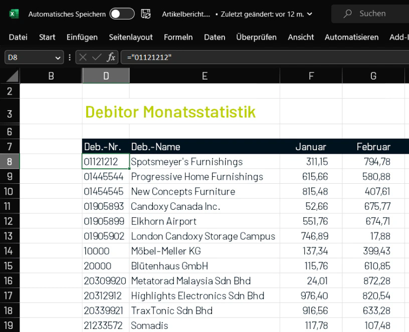 Microsoft Excel Tabelle mit Debitor Monatsstatistik und Daten von Jet Reports.