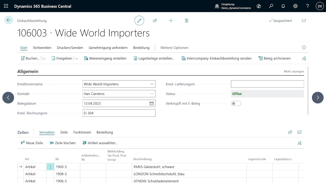 Debitorenkarte von Trey Research in Microsoft Dynamics 365 Business Central mit Kontodaten und Salden.