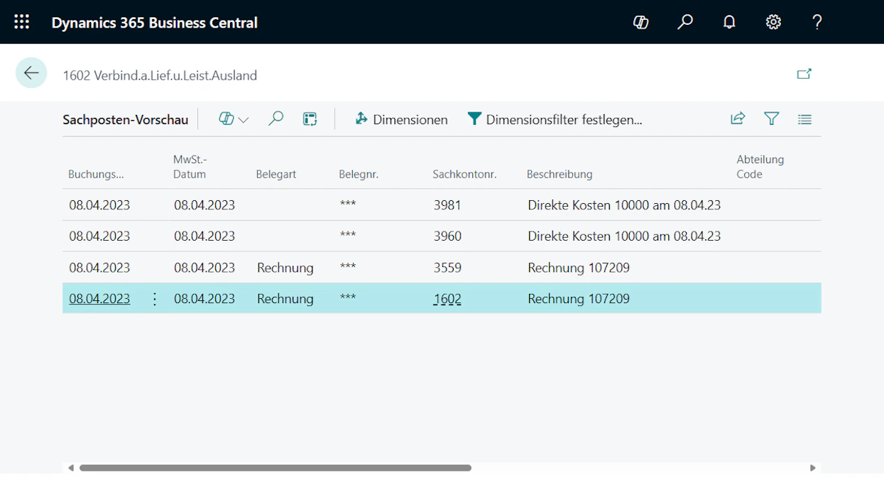 Bedieneroberfläche von Microsoft Dynamics 365 Business Central mit der Sachposten-Vorschau für Finanzen.