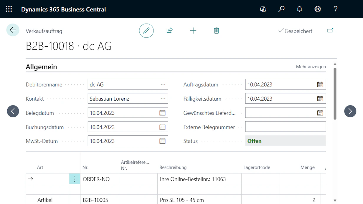 Benutzeroberfläche von Microsoft Dynamics 365 Business Central mit Produktdaten für eine Webshop-Integration.