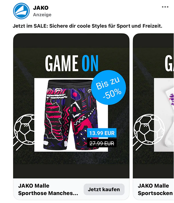 Social Media Anzeige für JAKO Malle Sporthosen mit Rabatt-Hinweis.