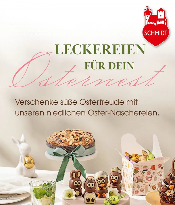 Social Media Post von Lebkuchen Schmidt mit Ostergebäck und Schokoladenfiguren dekorativ auf einem Tisch angerichtet.