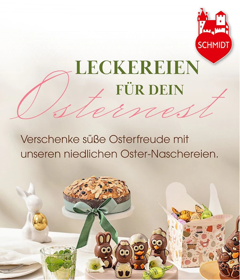 Social Media Post von Lebkuchen Schmidt mit Ostergebäck und Schokoladenfiguren dekorativ auf einem Tisch angerichtet.