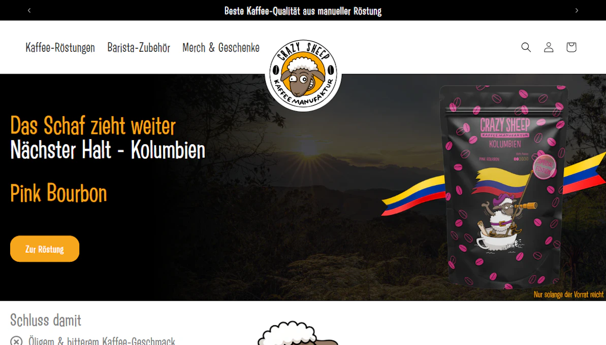 Shopify-Webshop der Crazy Sheep Kaffeemanufaktur zeigt die Sonderedition Pink Bourbon Kolumbien.