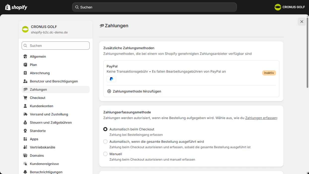 Einstellungen für Zahlungen und PayPal im Shopify-Admin-Bereich von Cronus Golf.