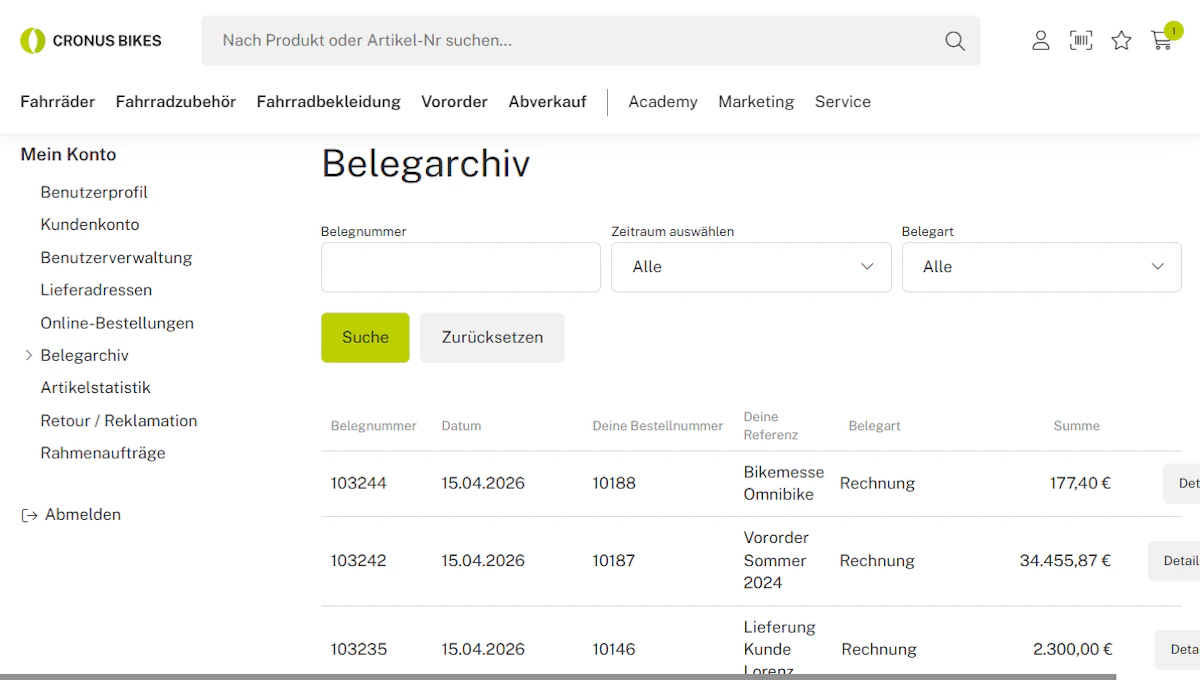 Belegarchiv im B2B-Onlineshop von Cronus Bikes mit einer Übersicht vergangener Rechnungen.