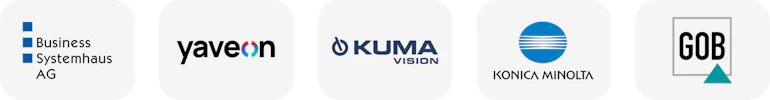 Logos der Partnerunternehmen Business Systemhaus AG, Yaveon, Kumavisio, Konica Minolta, GOB