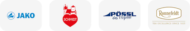 Kundenlogos von Jako, Lebkuchen Schmidt, Pössl und Ronnefeldt auf hellem Hintergrund.