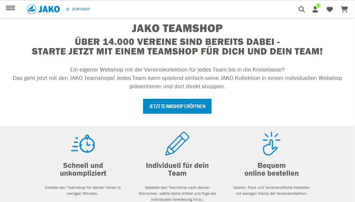 Landingpage des JAKO Teamshops zur Erstellung individueller Webshops für Sportvereine.