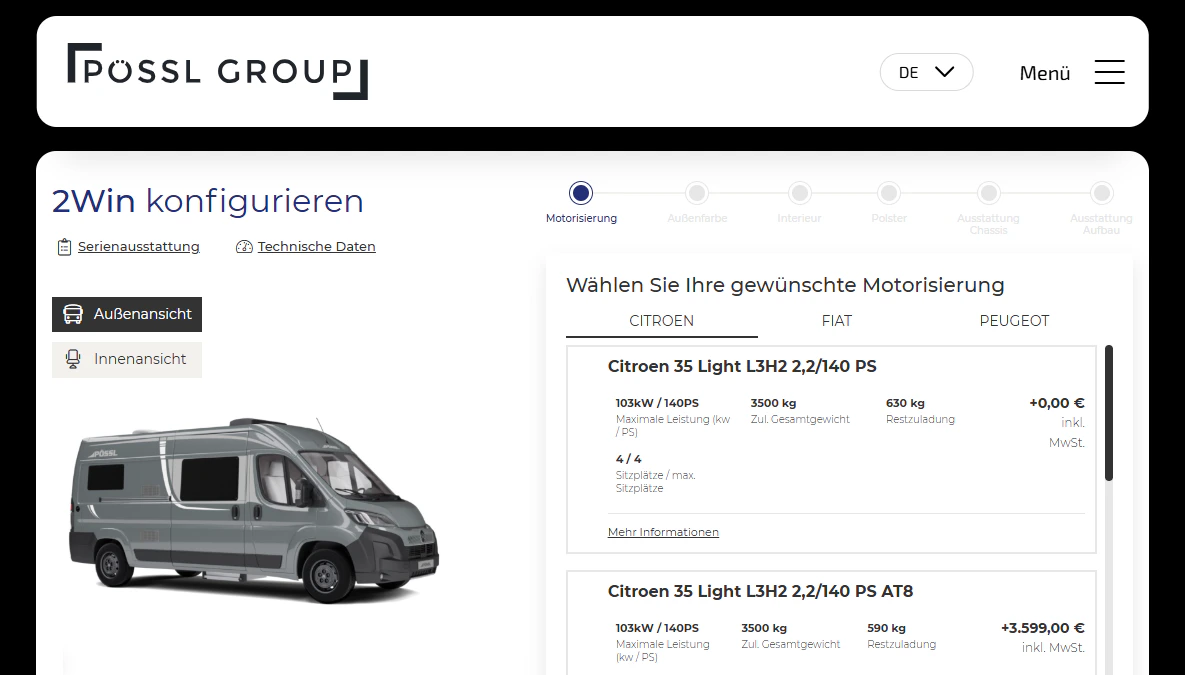 Online-Konfigurator der Pössl Group für ein Reisemobil mit Auswahl der Motorisierung.